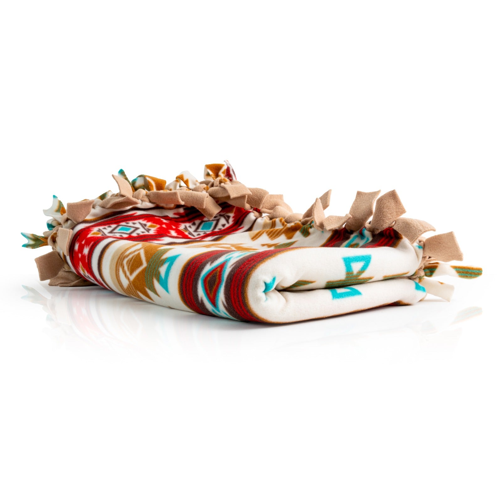 Handcrafted Pet Medium Size Finished Tie Blanket (46" L x 30" W), Premium Anti-Pill Plush Fleece No-Sew - Sunset Canyons Print with Solid Camel Backing