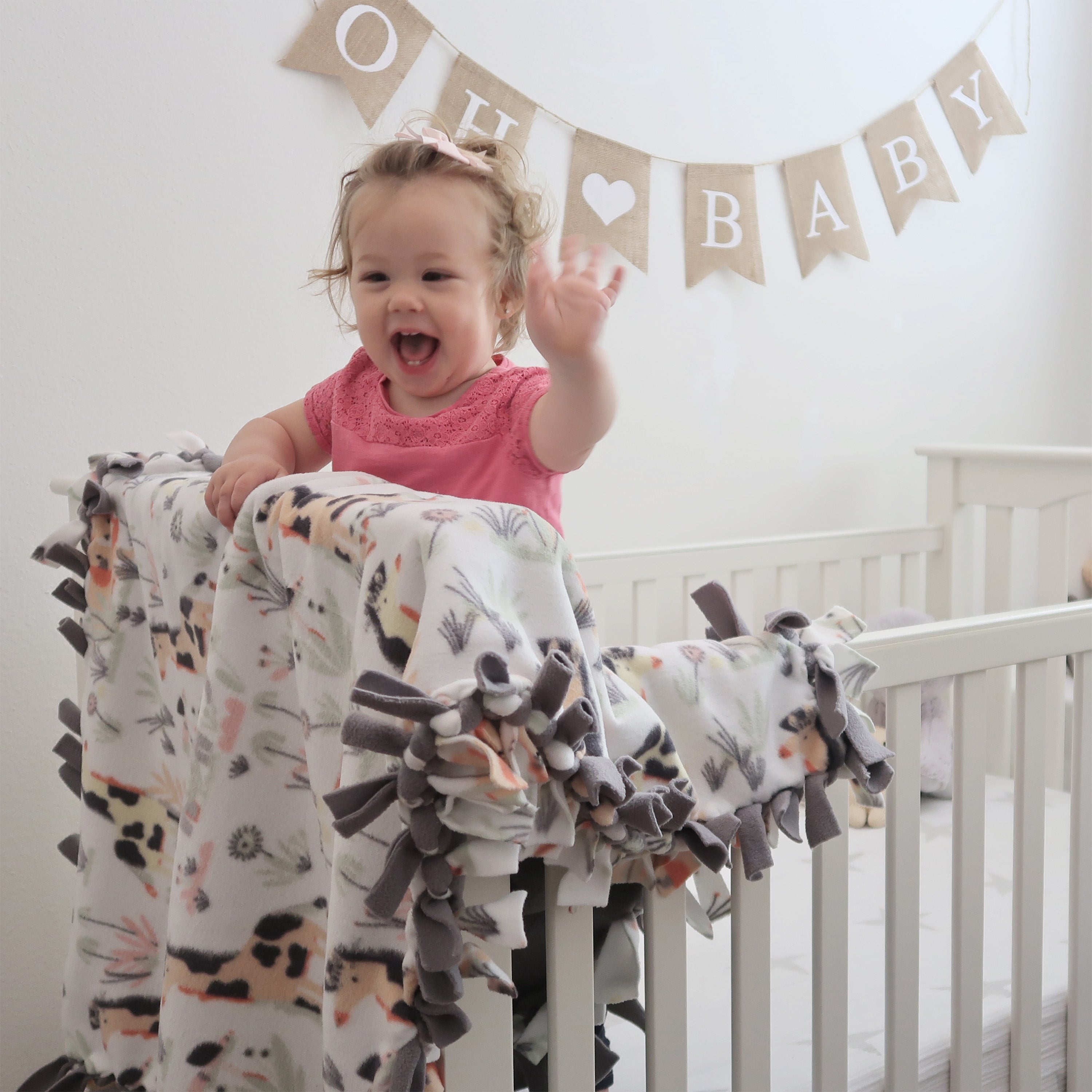 Handcrafted Baby/Toddler Size Finished Tie Blanket (46" L x 30" W), Premium Anti-Pill Plush Fleece No-Sew - Sweet Jungle Cuddles Print with Solid Gray Backing