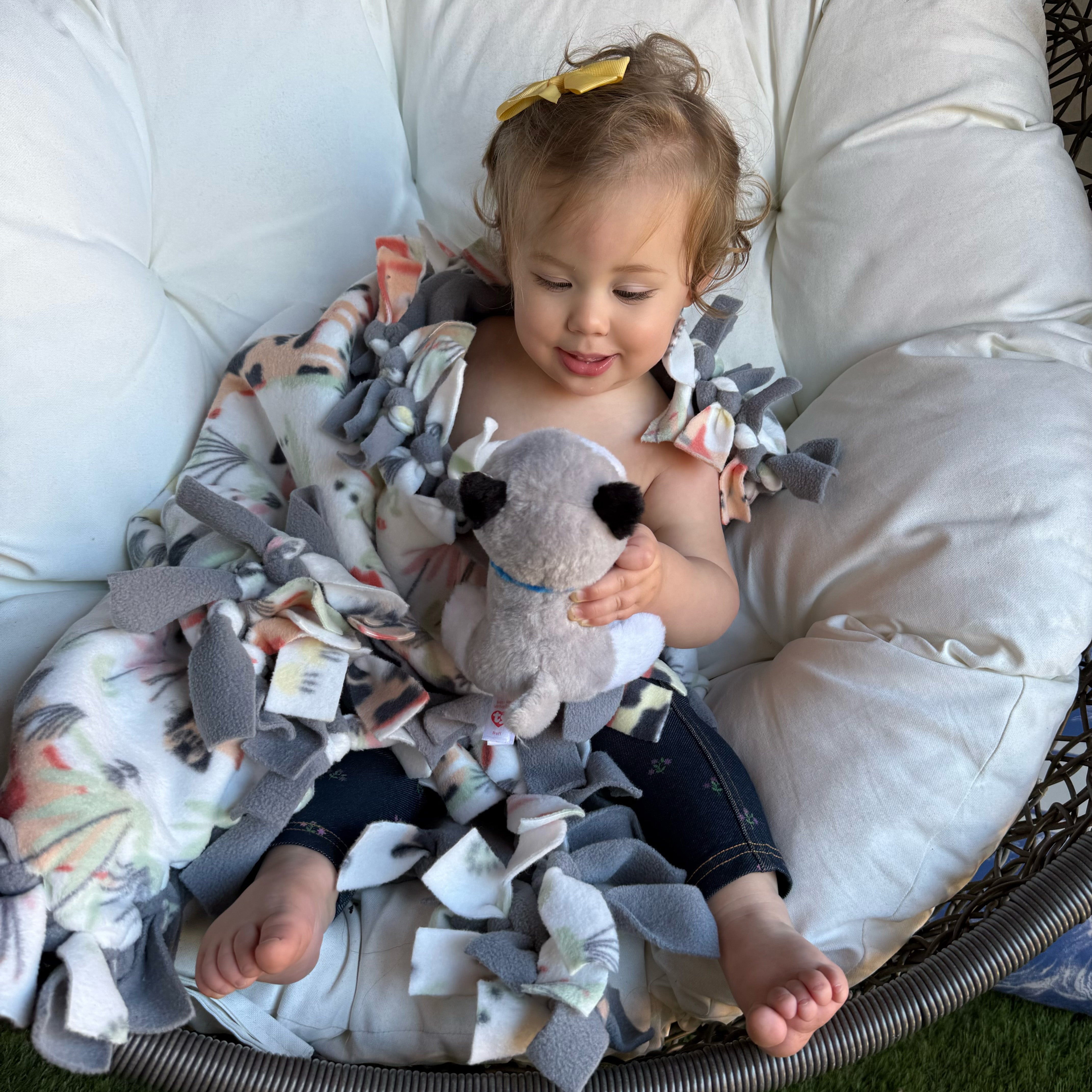Handcrafted Baby/Toddler Size Finished Tie Blanket (46" L x 30" W), Premium Anti-Pill Plush Fleece No-Sew - Sweet Jungle Cuddles Print with Solid Gray Backing
