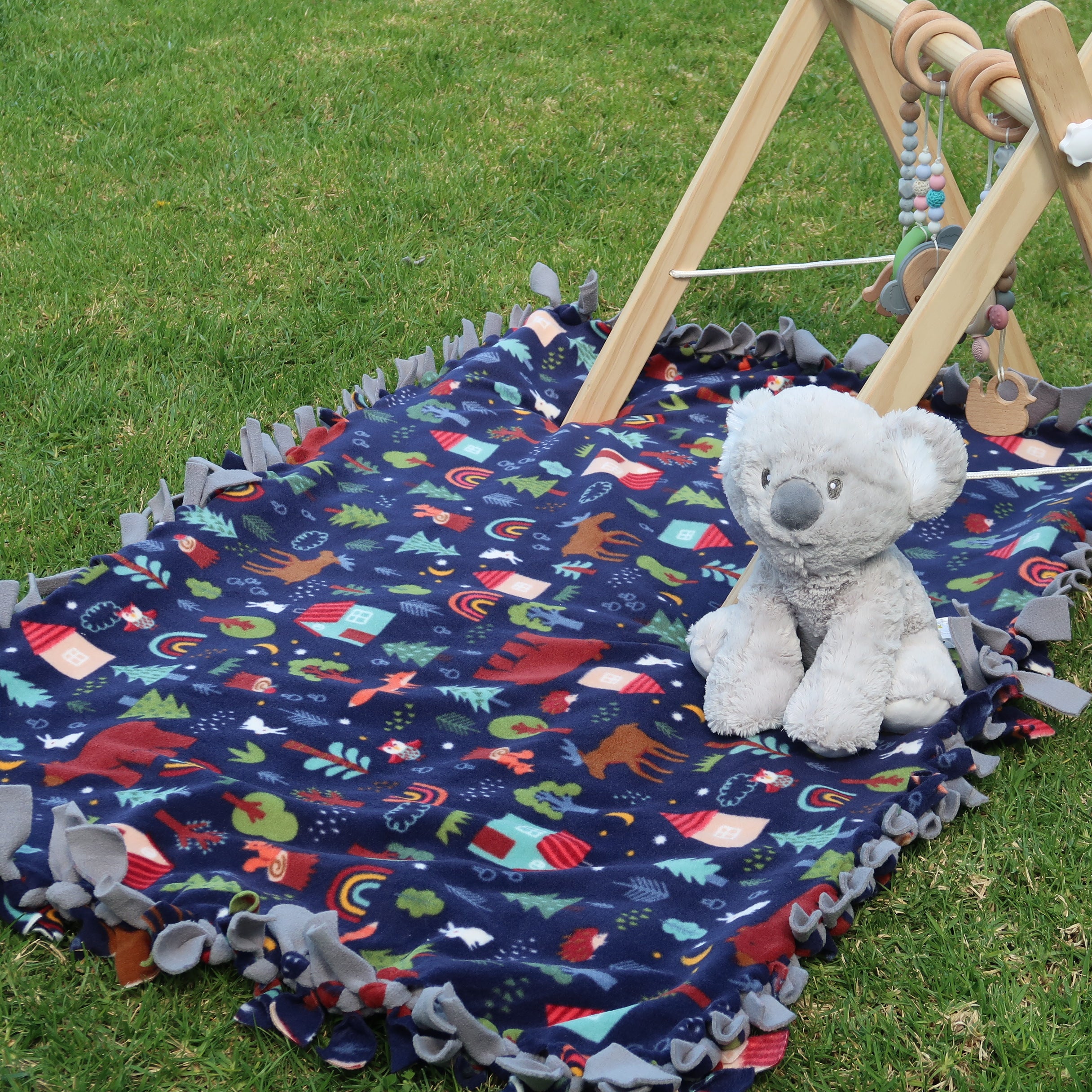 Handcrafted Baby/Toddler Size Finished Tie Blanket (46" L x 30" W), Premium Anti-Pill Plush Fleece No-Sew - Forest Friends Print with Solid Gray Backing