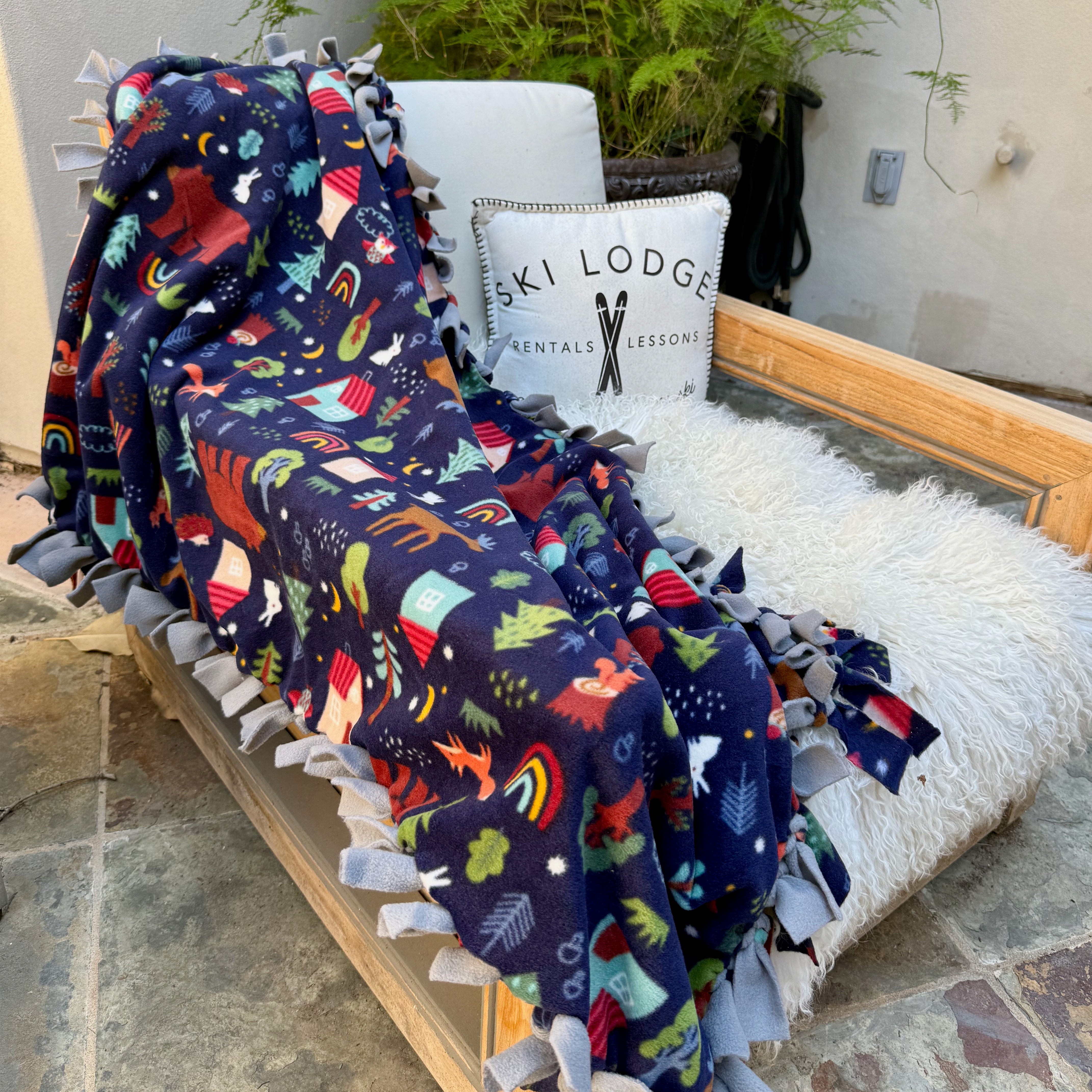 Handcrafted Baby/Toddler Size Finished Tie Blanket (46" L x 30" W), Premium Anti-Pill Plush Fleece No-Sew - Forest Friends Print with Solid Gray Backing