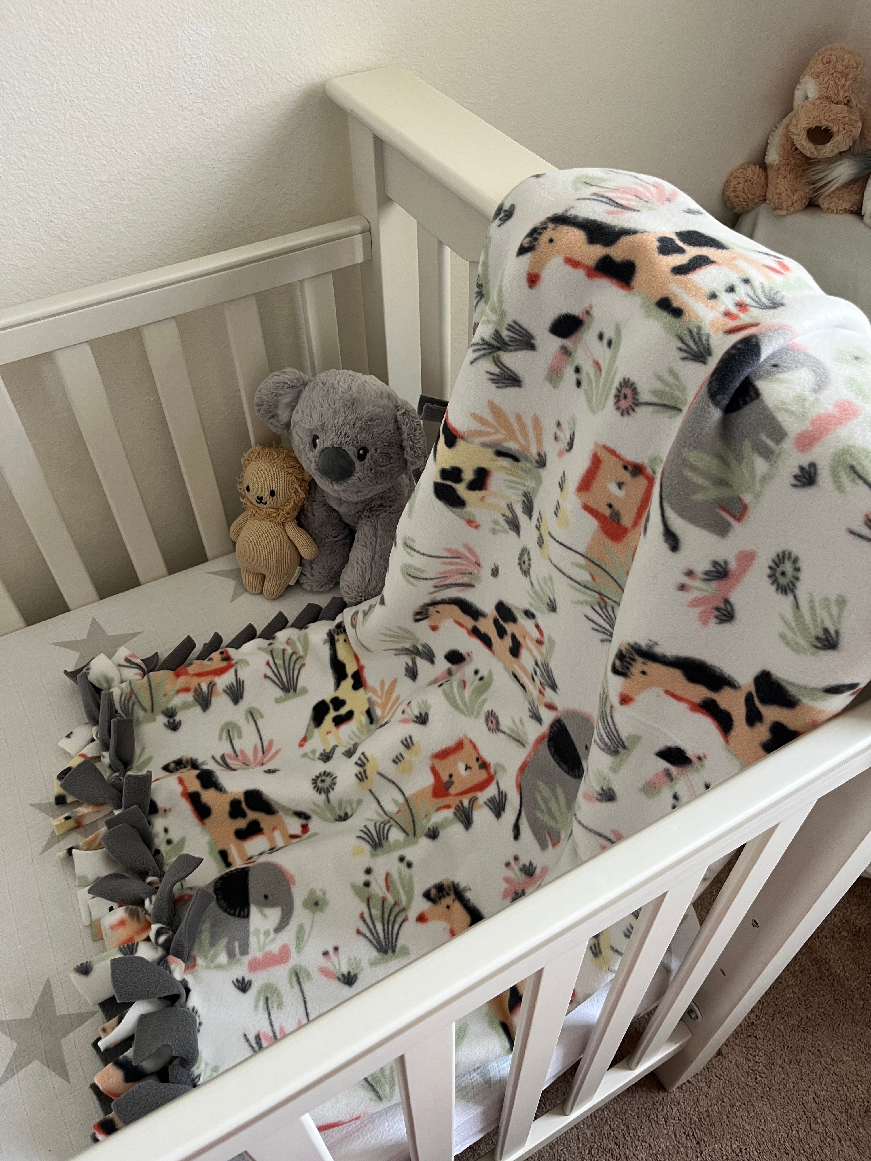 Handcrafted Baby/Toddler Size Finished Tie Blanket (46" L x 30" W), Premium Anti-Pill Plush Fleece No-Sew - Sweet Jungle Cuddles Print with Solid Gray Backing