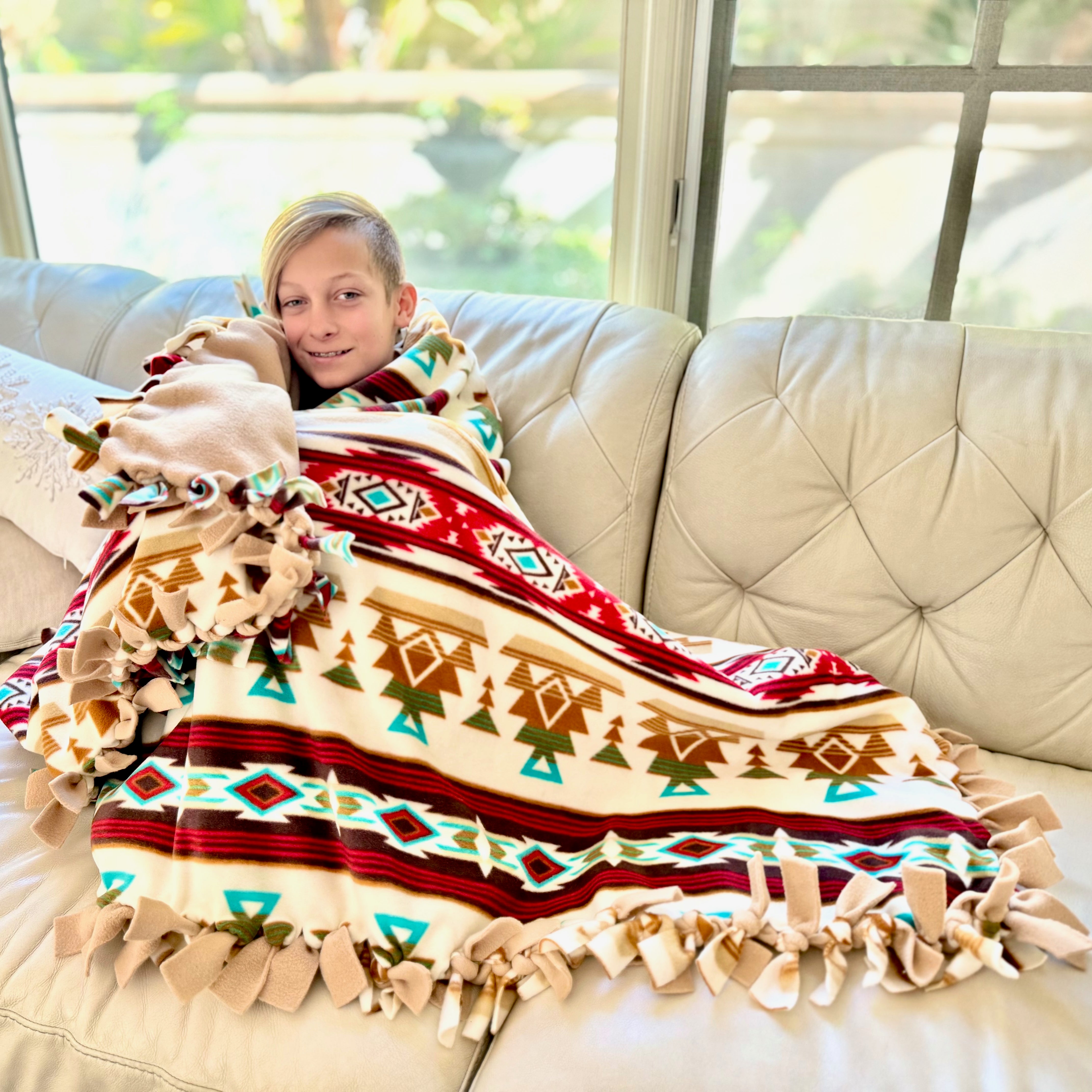 Handcrafted Adult XL Size Finished Tie Blanket (84" L x 46" W), Premium Anti-Pill Plush Fleece No-Sew - Sunset Canyons Print with Solid Camel Backing