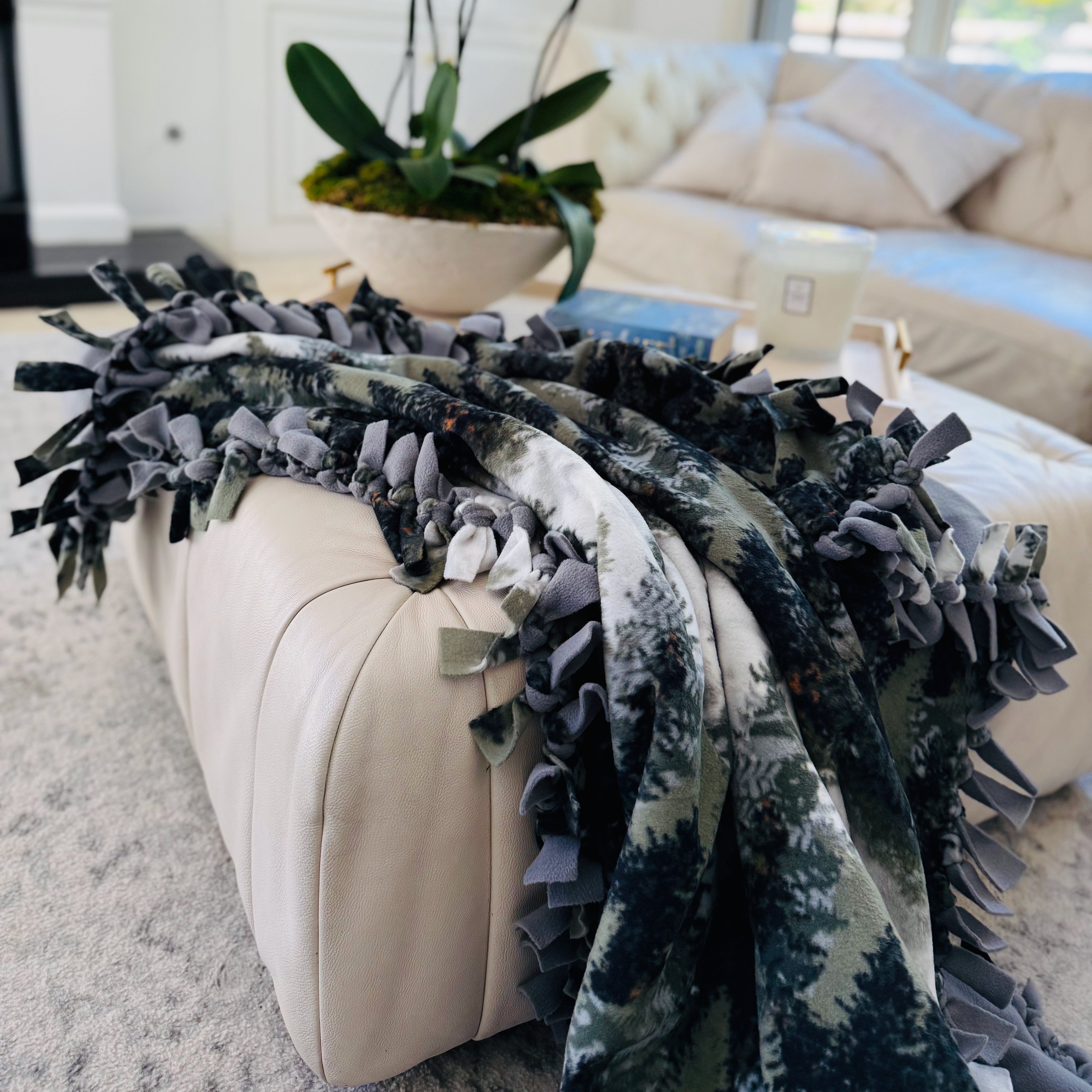 Handcrafted Adult XL Size Finished Tie Blanket (84" L x 46" W), Premium Anti-Pill Plush Fleece No-Sew - Desert Spirit Print with Solid Camel Backing