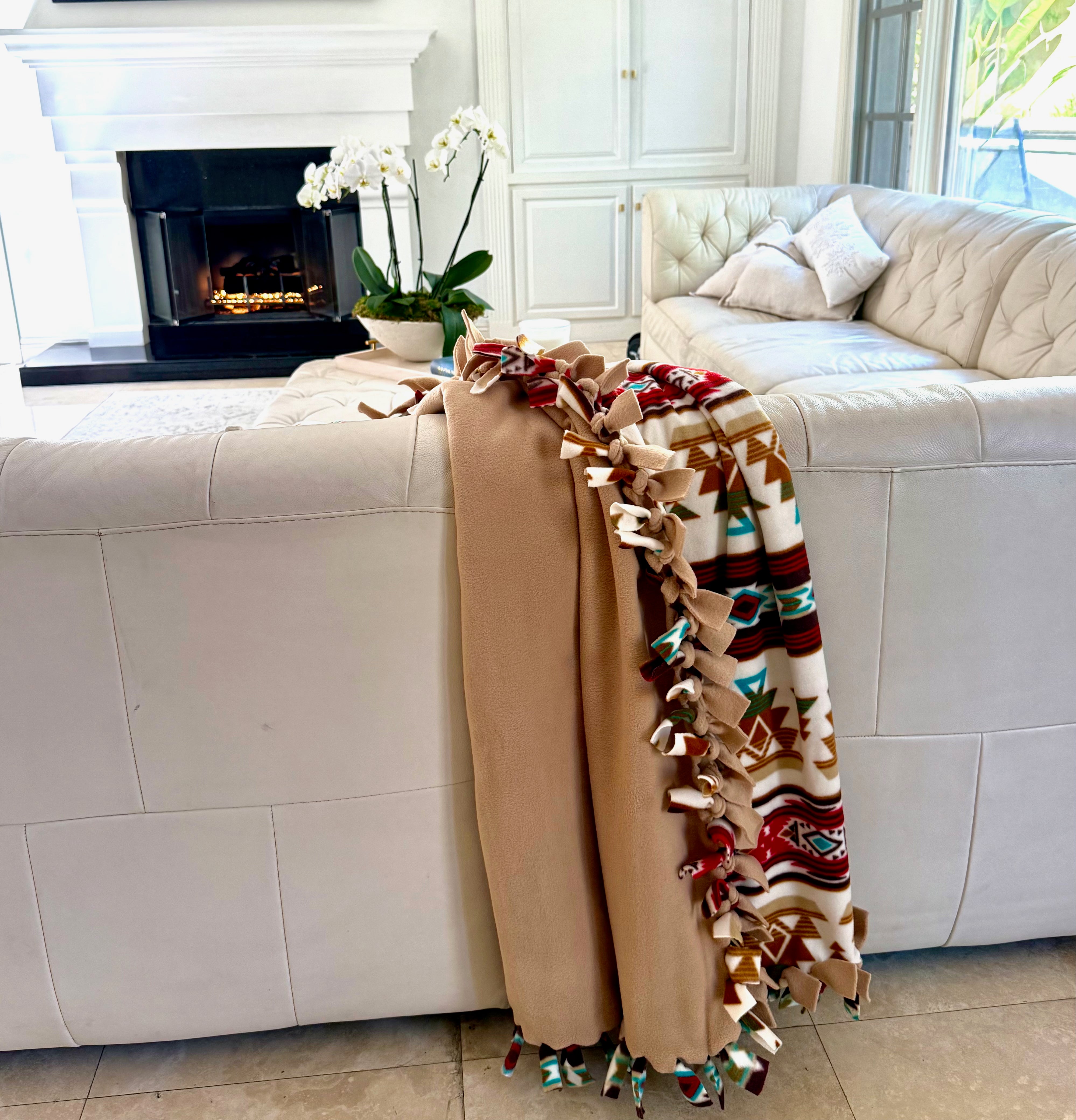 Handcrafted Adult XL Size Finished Tie Blanket (84" L x 46" W), Premium Anti-Pill Plush Fleece No-Sew - Sunset Canyons Print with Solid Camel Backing
