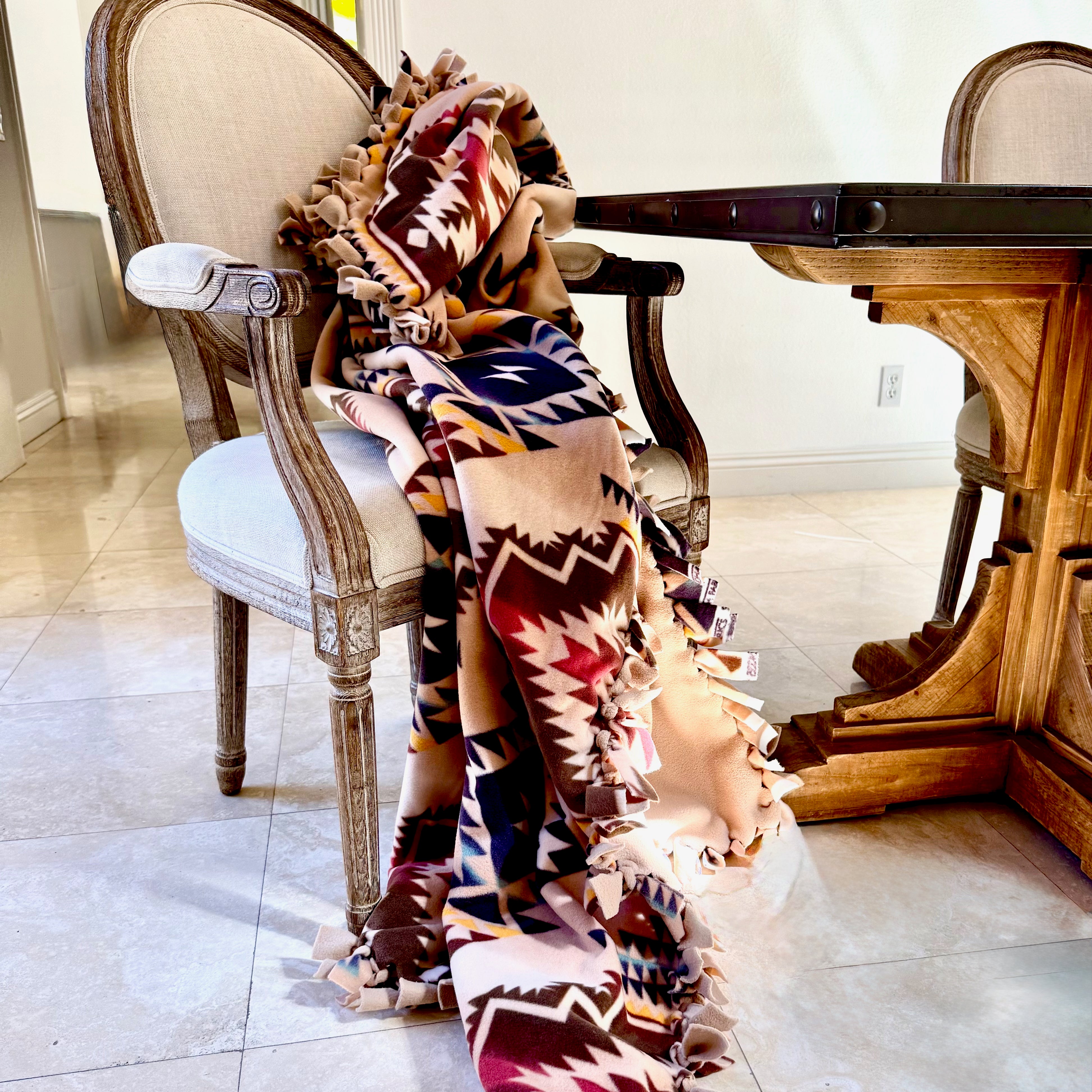 Handcrafted Adult Size Finished Tie Blanket (70" L x 46" W), Premium Anti-Pill Plush Fleece No-Sew - Desert Spirit Print with Solid Camel Backing