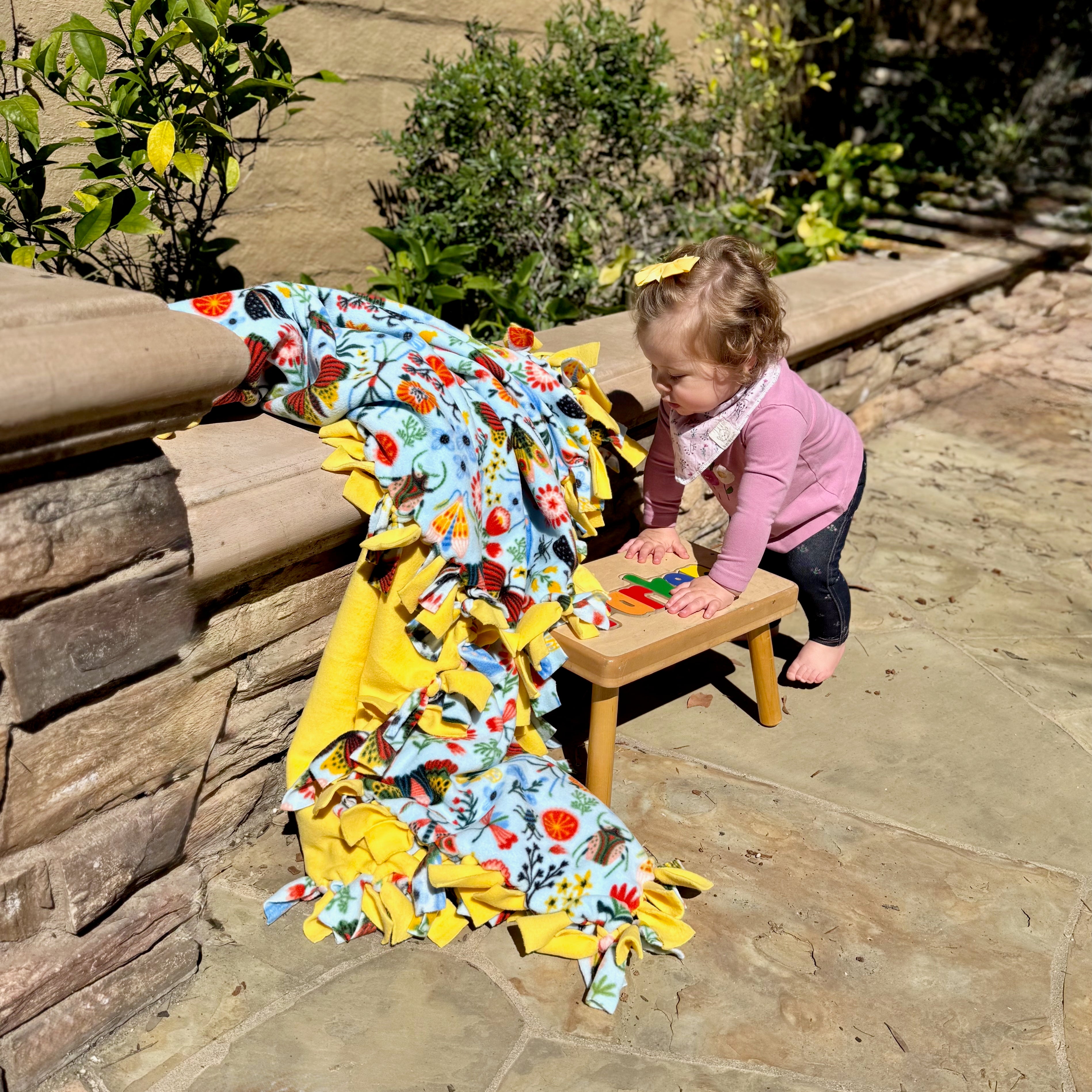 Handcrafted Kids Size Finished Tie Blanket (56" L x 46" W), Premium Anti-Pill Plush Fleece No-Sew - Butterfly Kisses Print with Solid Sunshine Yellow Backing