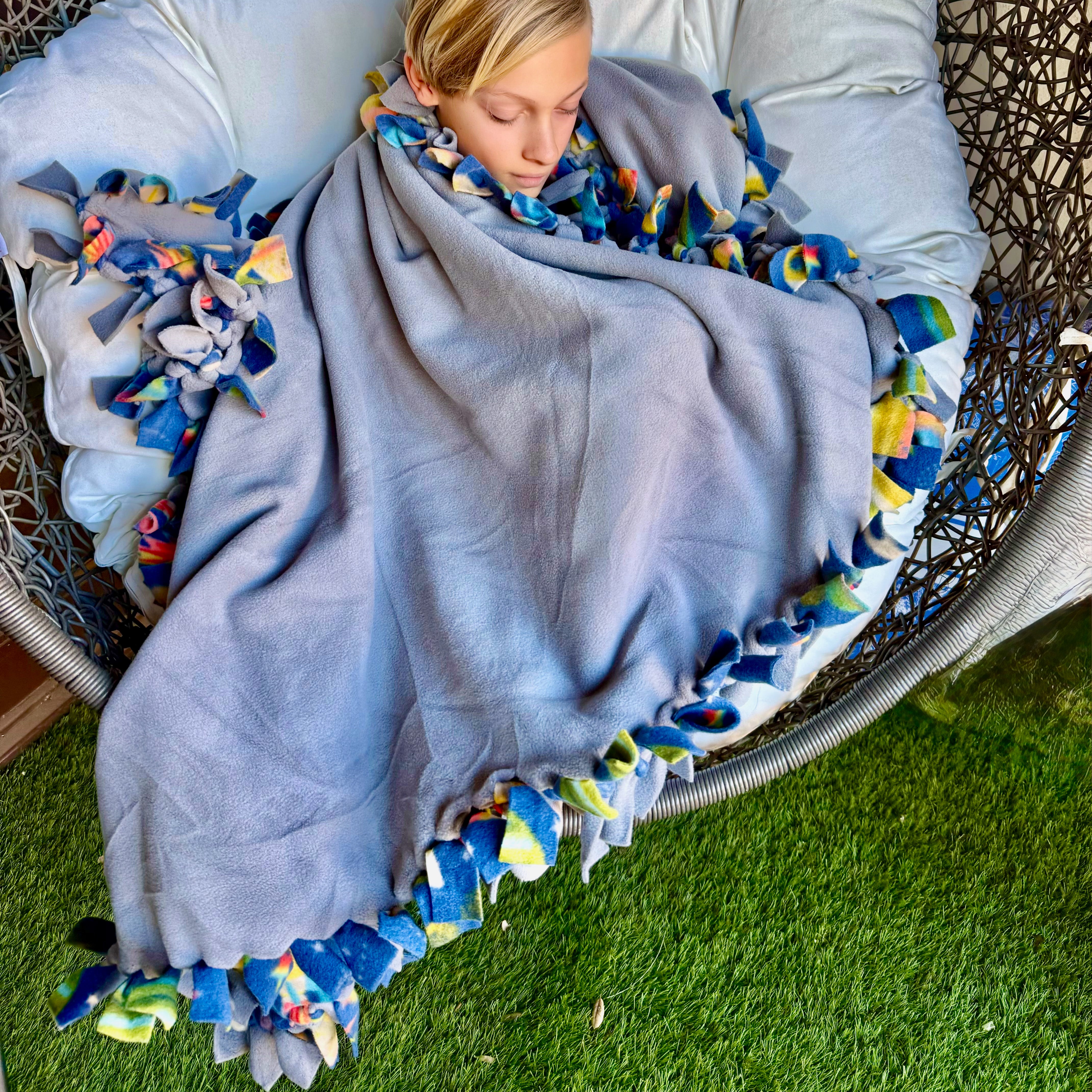 Handcrafted Kids Size Finished Tie Blanket (56" L x 46" W), Premium Anti-Pill Plush Fleece No-Sew - Cosmic Adventure Print with Solid Gray Backing