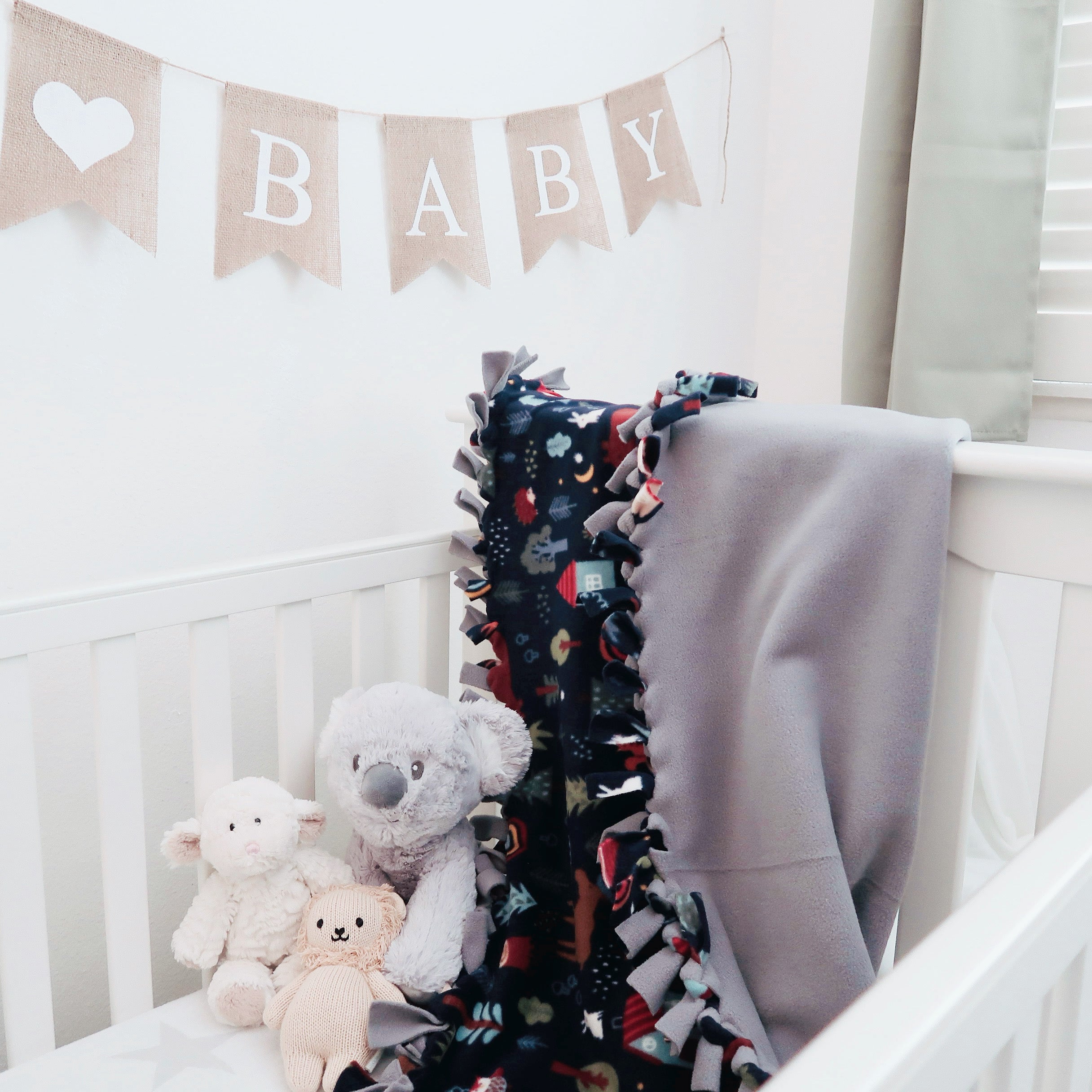 Handcrafted Baby/Toddler Size Finished Tie Blanket (46" L x 30" W), Premium Anti-Pill Plush Fleece No-Sew - Forest Friends Print with Solid Gray Backing