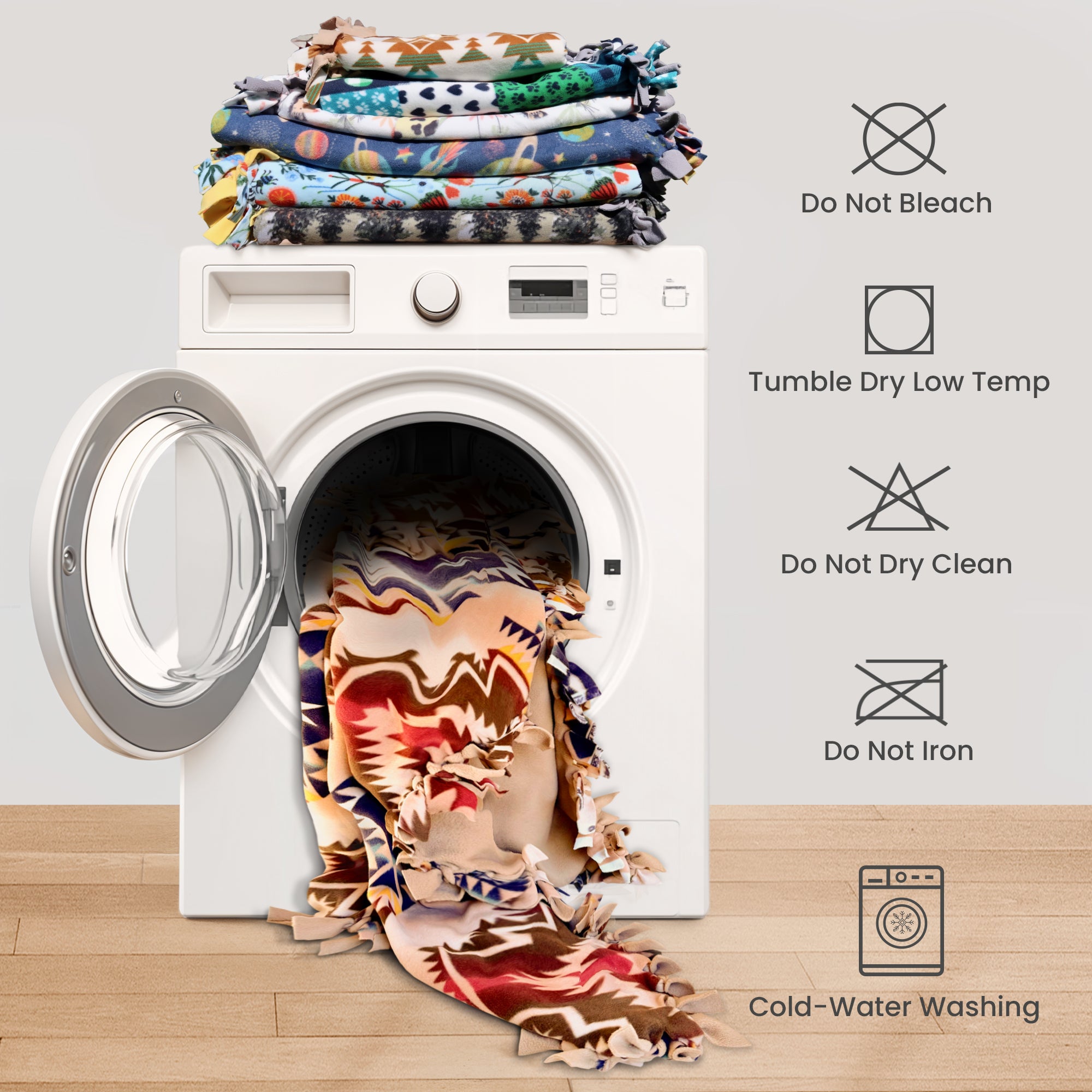 Handcrafted Adult Size Finished Tie Blanket (70" L x 46" W), Premium Anti-Pill Plush Fleece No-Sew - Desert Spirit Print with Solid Camel Backing