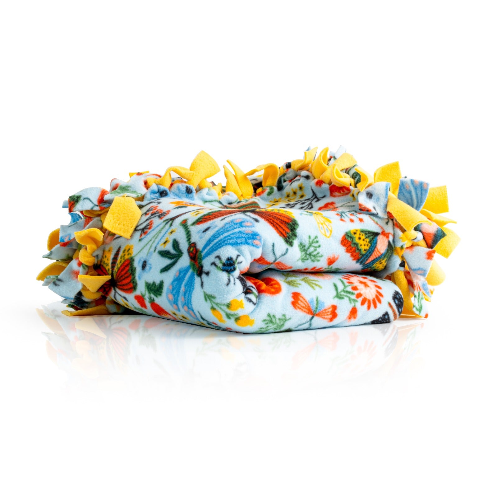 Handcrafted Kids Size Finished Tie Blanket (56" L x 46" W), Premium Anti-Pill Plush Fleece No-Sew - Butterfly Kisses Print with Solid Sunshine Yellow Backing