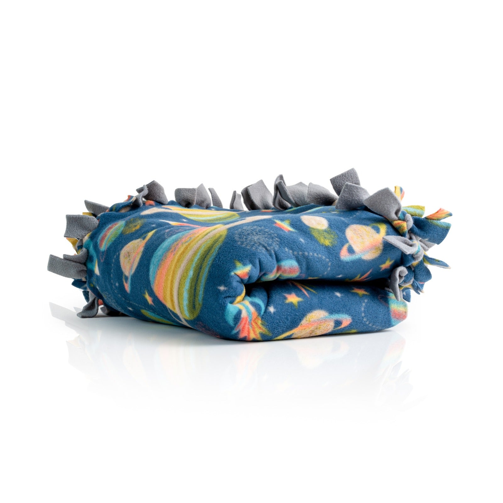 Handcrafted Kids Size Finished Tie Blanket (56" L x 46" W), Premium Anti-Pill Plush Fleece No-Sew - Cosmic Adventure Print with Solid Gray Backing