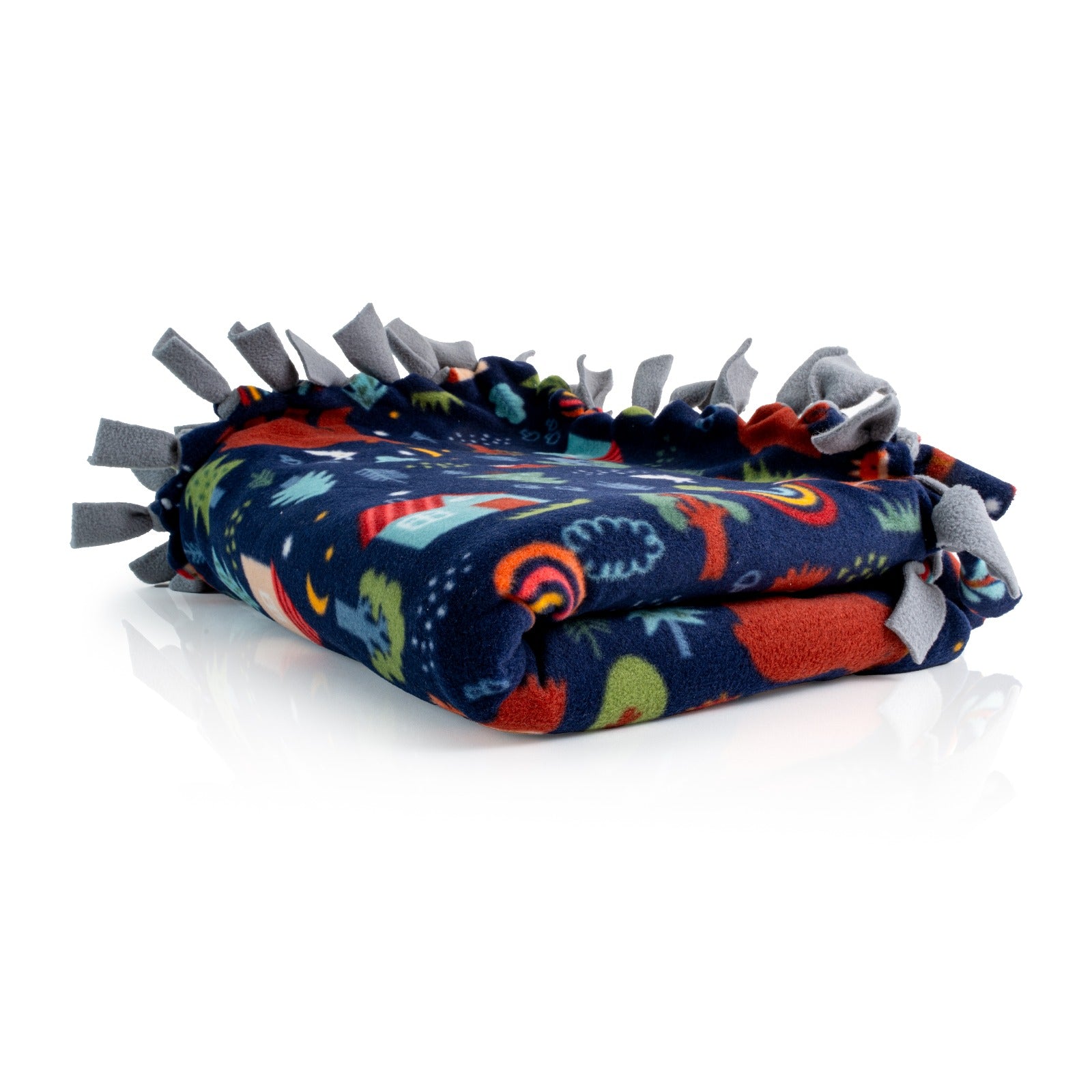 Handcrafted Baby/Toddler Size Finished Tie Blanket (46" L x 30" W), Premium Anti-Pill Plush Fleece No-Sew - Forest Friends Print with Solid Gray Backing
