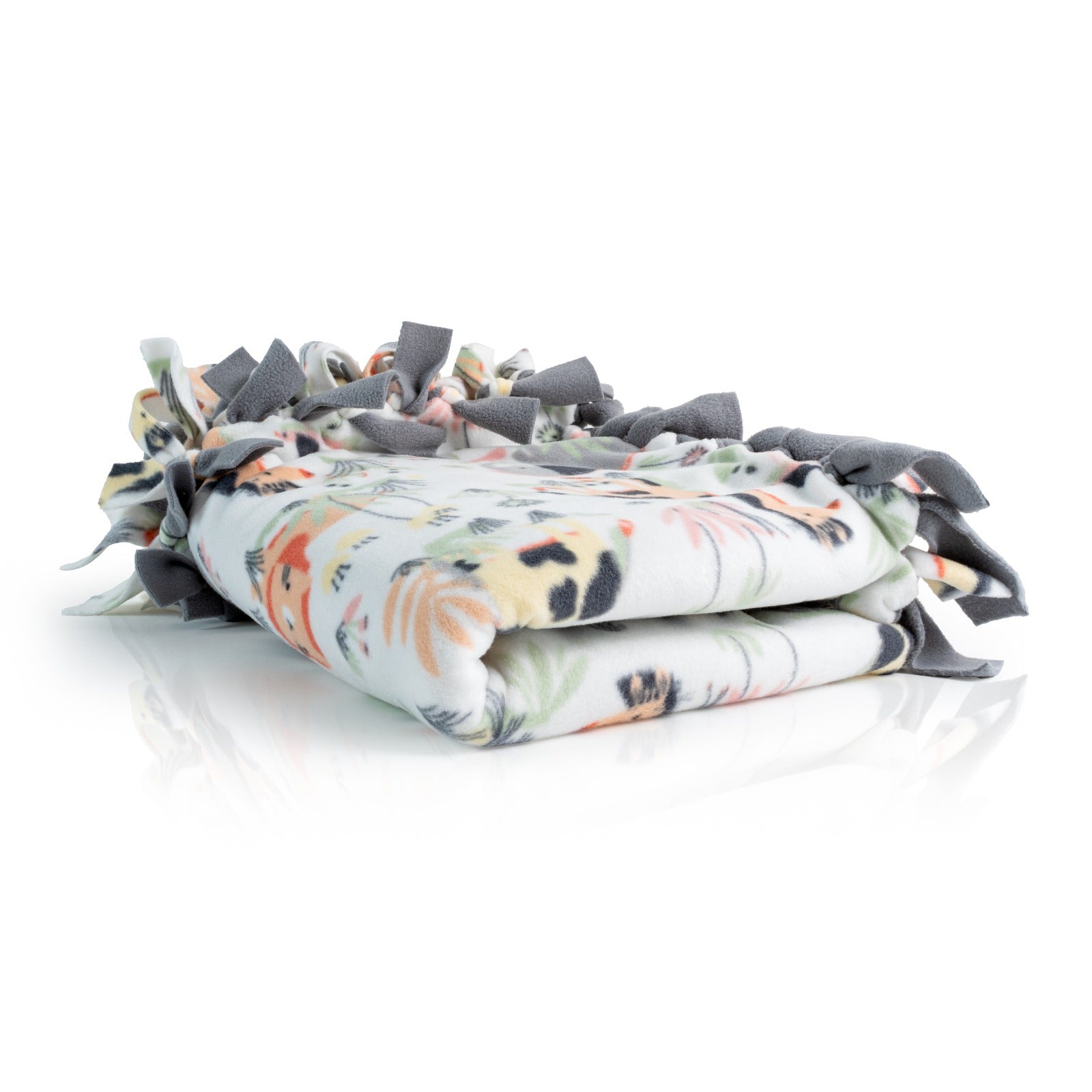 Handcrafted Baby/Toddler Size Finished Tie Blanket (46" L x 30" W), Premium Anti-Pill Plush Fleece No-Sew - Sweet Jungle Cuddles Print with Solid Gray Backing