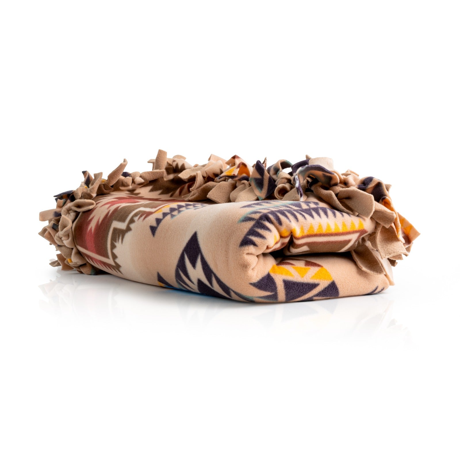 Handcrafted Adult Size Finished Tie Blanket (70" L x 46" W), Premium Anti-Pill Plush Fleece No-Sew - Desert Spirit Print with Solid Camel Backing
