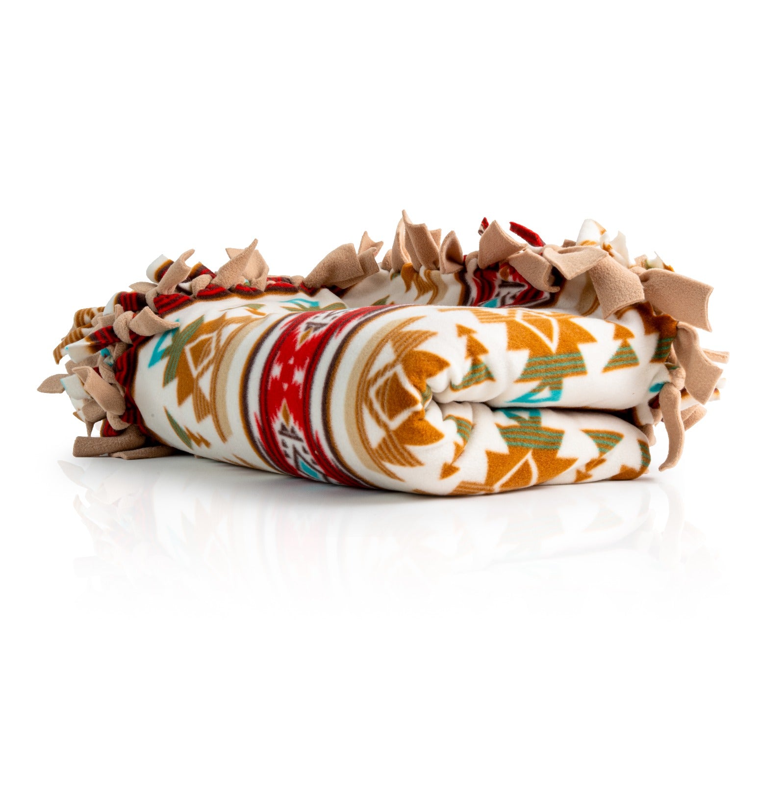 Handcrafted Adult XL Size Finished Tie Blanket (84" L x 46" W), Premium Anti-Pill Plush Fleece No-Sew - Sunset Canyons Print with Solid Camel Backing