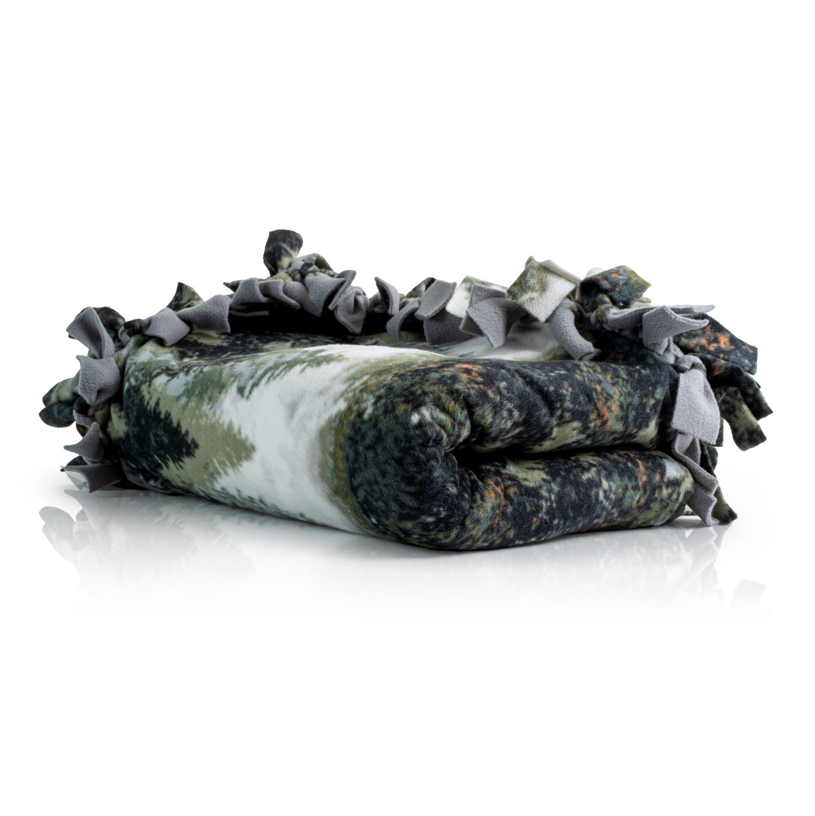 Handcrafted Adult Size Finished Tie Blanket (70" L x 46" W), Premium Anti-Pill Plush Fleece No-Sew - Mountain Retreat Print with Solid Gray Backing